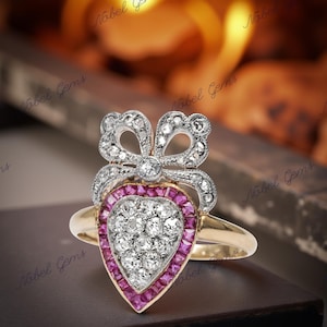 Vintage viktoriansk hjärtring, förlovningsring med rubin och moissanitbåge, 14k guldring i antik stil med droppformad ring, romantisk alla hjärtans dag-present till henne