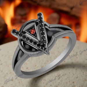Enchanted Disney Fine Jewelry Black Rhodium Over Solid 925 Sterling Silver Diamonds With Red Garnet Evil Queen Throne Ring, Anniversary Gift