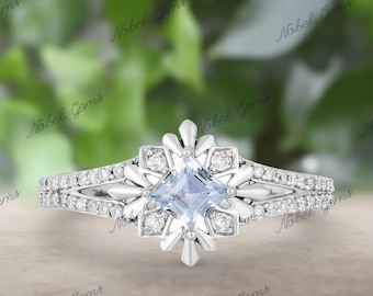 Enchanted Disney Fine Jewelry Sterling Silver Aquamarine Centre Diamond Frozen 2 Elsa Snowflake Ring, Anniversary Gift For Her, Propose Ring