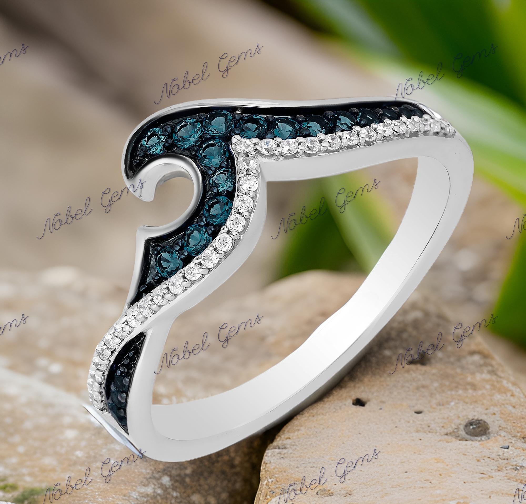 Wave Ring Blue Diamond Engagement Ring, 14k White Gold Great Wave ...