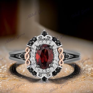 Enchanted Disney Fine Jewelry Black Rhodium Over Sterling Silver Black & White Diamond with Red Garnet Evil Queen Ring, Anniversary Gift