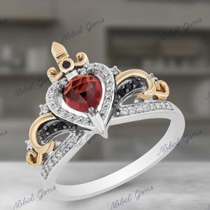 Enchanted Disney Fine Jewelry Two-Tone Solid 925 Sterling Silver With Diamond & Red Garnet Evil Queen Ring, Anniversary Gift For Her
