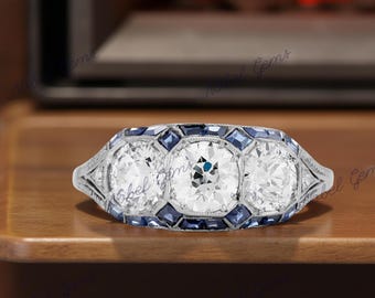 Art Deco White Round Cut Moissanite Three Stone with Calibre Cut Sapphire Vintage Ring, Anniversary Gift For Her, Ring For Girl