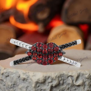 Enchanted Disney Fine Jewelry Bite Back Solid 925 Sterling Silver Diamond & Garnet Disney Cruella Live Action Ring, Anniversary Gift For Her