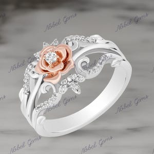 Enchanted Disney Fine Jewelry Two-Tone 925 Sterling Silver With Diamonds Belle Ring, Anniversary Gift For Her, Propose Ring