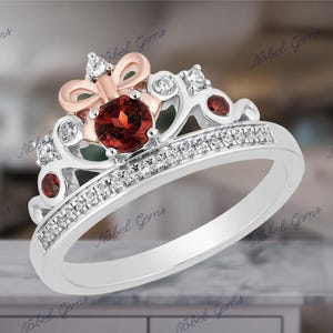 Enchanted Disney Fine Jewelry Two-Tone Solid 925 Sterling Silver Diamond and Red Garnet Snow White Tiara Ring, Anniversary Gift For Her