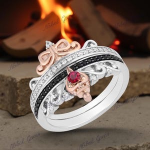 Enchanted Disney Fine Jewelry Sterling Silver With Diamond and Garnet Snow White and Evil Queen Duo Ring Set, Anniversary Gift For Her