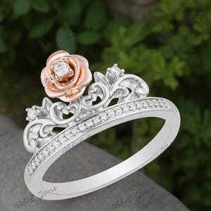 Enchanted Disney Fine Jewelry Two-Tone Solid 925 Sterling Silver Lab Diamond Belle Rose Tiara Ring, Anniversary Gift For Her, Propose Ring