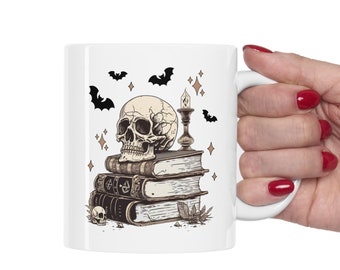 Halloween Skull Book Mug, Spell Books Skull Spooky Halloween Mug, Halloween Book Lover Gift Mug, Halloween Gift Mug, Funny Halloween Mug