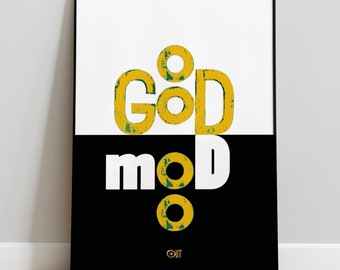 A high-quality print poster in a minimalist style with the inscription GOOD MOOD in black, yellow and white in sizes 30x42 and 50x70 cm