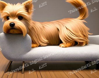 Yorkshire Terrier estirado en un sofá lounge/Arte generado por IA