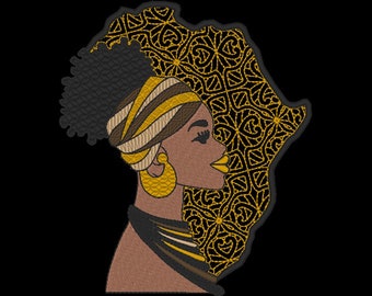 Bordado de mujer afro con el continente africano relleno con un diseño decorativo.