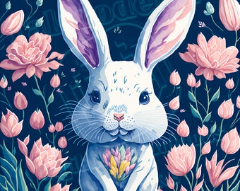 Paquete de 12 ilustraciones fantásticas de conejos de Pascua en HD con detalles florales: paquete de arte digital para proyectos de impresión y bricolaje