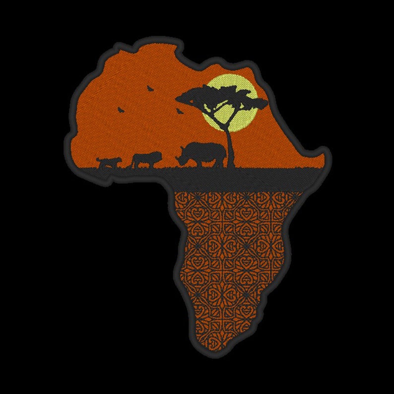 May include: An embroidered patch shaped like the continent of Africa. The top of the patch features a sunset scene with a tree and a rhinoceros. The bottom of the patch features a brown and black geometric pattern.