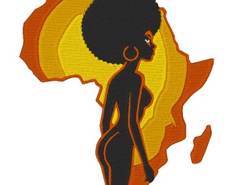 Diseño de bordado de silueta de mujer al atardecer en África / Descarga de archivo digital