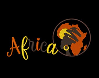 Diseño de bordado con texto en relieve 3D de África, mujer africana y puesta de sol africana.