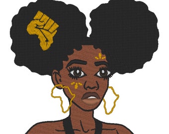 Mujer africana, bordado de puño levantado afro puff con pendientes del continente africano