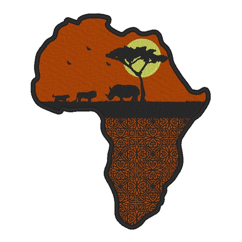 May include: An embroidered patch shaped like the continent of Africa. The patch features a sunset scene with a silhouette of a tree, a rhinoceros, and two lions. The bottom half of the patch is a brown and black geometric pattern.