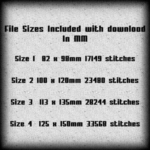 May include: A chart showing the file sizes included with a download in millimeters and the number of stitches for each size. The sizes are 82 x 98 mm, 100 x 120 mm, 113 x 135 mm, and 125 x 150 mm.