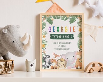 New Baby Custom Gift, Personalised Print, Jungle, Zoo, Baby Name, Gift for Newborn, Baby Girl, Baby Boy, Animal Print, Child's Nursery Print