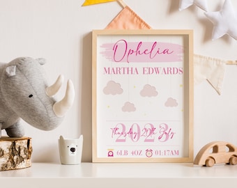 New Baby Gift, Personalised Pink Baby Name Date Weight Print, Cute, Gift for Newborn, Baby Girl, Child's Nursery Print, Christening Gift