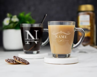 Taza de café de cristal grabada personalizada, idea de regalo para bebedores de té, regalos para él, taza de café personalizada