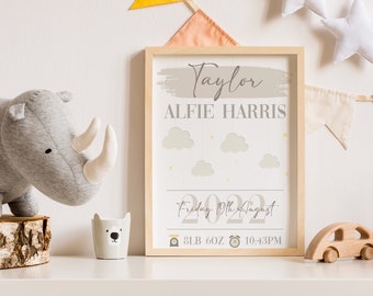 New Baby Gift, Personalised Neutral Baby Name Date Weight Print, Cute, Gift for Newborn, Baby Girl, Baby Boy, Child's Nursery Print, Modern
