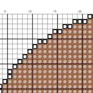 May include: A cross-stitch pattern chart with a grid of squares. The design features a brown, diagonal section filled with "@" symbols, and a white border. The numbers 5, 10, 15, and 20 are visible along the top.