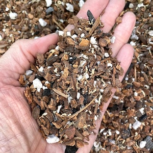 May include: A close-up of a handful of brown, black, and white bark chips. The chips are a mix of sizes and shapes, and they are used as a soil amendment or mulch.