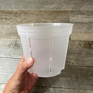 May include: A clear, plastic plant pot with a cylindrical shape. The pot has vertical slots for drainage and aeration. The pot is designed for planting flowers, herbs, or other plants. The pot is held by a hand.