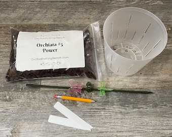 Kit para trasplantar orquídeas medianas con maceta redonda transparente con ranuras de 5", mezcla de corteza Orchiata #5 Power, kit de cuidado para macetas, Trasplantar orquídeas es fácil