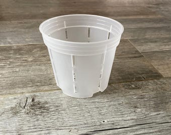 5" transparent round orchid pot with side slots, excellent drainage, great aeration. See your plants roots!