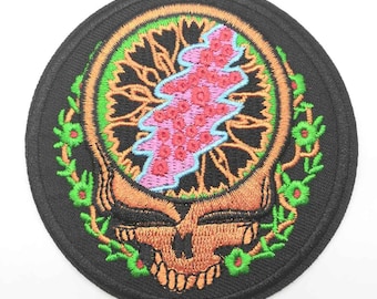 GRATEFUL DEAD "Steal Your Face" Brass-Colored Iron-On Patch NEW Embroidered skull deadhead hippie