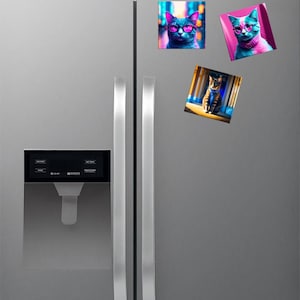 Peut inclure: Trois aimants de réfrigérateur avec des images colorées de chats portant des lunettes de soleil. Les aimants sont fixés à un réfrigérateur en acier inoxydable.