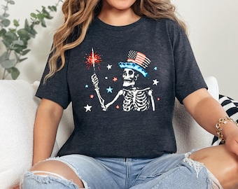 Funny 4th of July T-Shirt: Skeleton Sparkler, American Flag Hat
