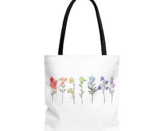 Rainbow Pride Flowers LGBTQ Plus Tote Bag, beautiful design supporting the cause, wildflower print, gay trans lesbian queer, gender ally