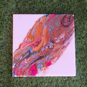 May include: Abstract painting with swirling patterns in shades of brown, pink, blue, and white on a white background.