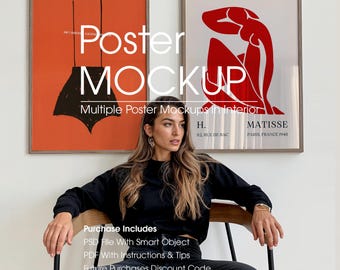 May include: Two framed art prints with a woman in a black top. One print features a black abstract shape on an orange background. The other print displays a red figure on a white background. The text "Poster MOCKUP" is overlaid on the image.