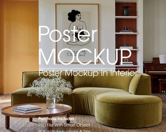 Poster Mockup in Living Room: Wall Art Frame Mockup, Digital Download (PSD File)