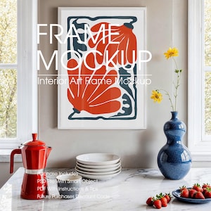 White Art Frame Mockup In Interior, Artwork Frame Mockup, Dining Room Poster Frame Mockup, Vertical Poster Mockups, ISO/DIN PSD Frame Mockup