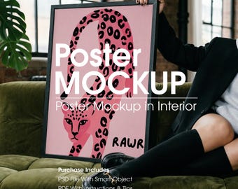 Industrial Poster Frame Mockup With Person, Realistic Art Mockup