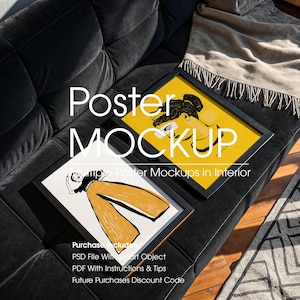 May include: Two framed art prints with black frames rest on a dark gray couch. One print features a yellow background with a woman's portrait, the other a figure in orange pants. The text "Poster MOCKUP" is overlaid on the image.