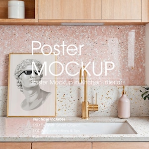 Modern Poster Frame Mockup In Kitchen, Terazzo Poster Frame Mockup, Artwork Frame Mockup, Vertical Artwork Mockup, ISO/DIN PSD Frame Mockup