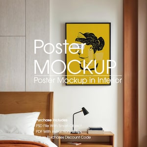 Contemporary Poster Frame Mockup In Bedroom, Artwork Frame Mockup, Art Print Mockup, Wall Mockup, Framed Poster Mockup, Photo Frame Mockup