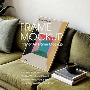 Black Poster Frame Mockup Leaning On Sofa, Artwork Mockup, Picture Frame Mockup, Large Poster Mockup, Wall Art Mockup, Art Frame Mockup,PSD