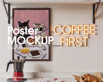Poster Frame Mockup In Industrial Kitchen, Wall Art Mockup (PSD)
