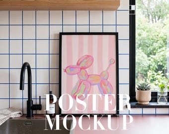 Poster Mockup in Kitchen, Wall Art Mockup in Kitchen (PSD)