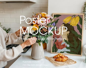 Realistic Kitchen Poster Frame Mockup with Person (PSD)