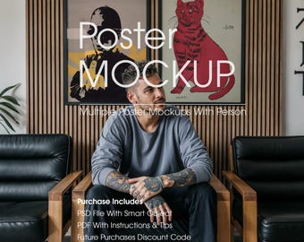May include: Two framed posters with art prints hang on a wooden wall. The posters are above a person sitting in a black leather chair. The text "Poster MOCKUP" is overlaid on the image. The purchase includes a PSD file, PDF instructions, and a discount code.