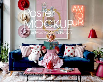 May include: A living room scene featuring a blue velvet sofa, a pink coffee table, and a large poster with a cartoon rabbit. The room is decorated with hats, pillows, and a neon sign. The text "Poster Mockup" is visible.